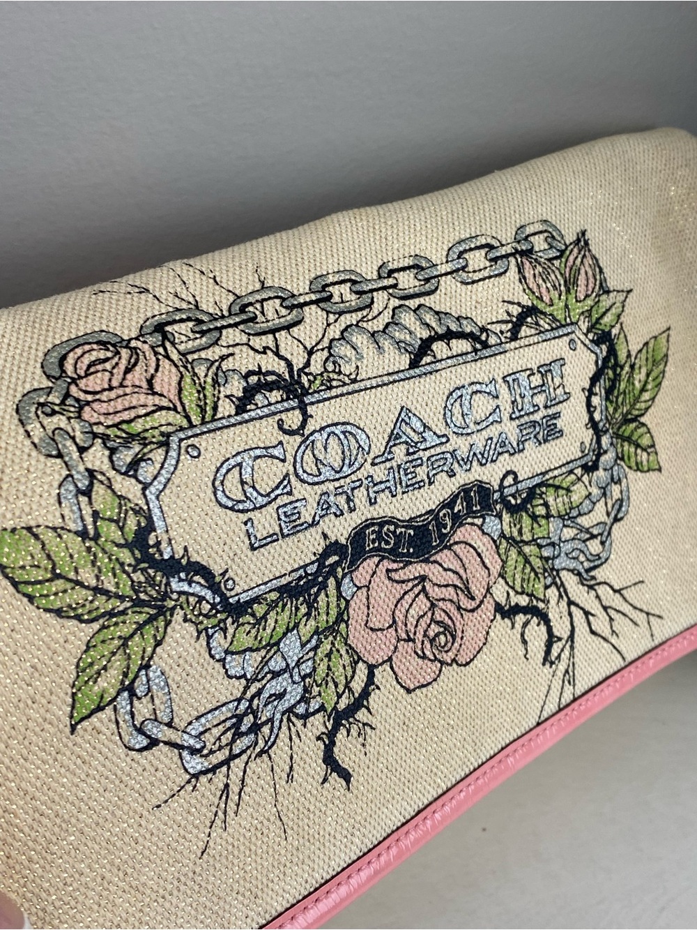 Coach Limited Edition Shimmer Tattoo Rose XL Foldover Clutch - Picture 9 of 16